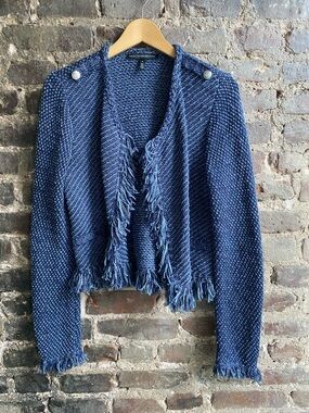 White House Black Market Navy Blue Fringed Knit Cardigan